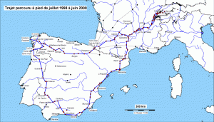 Trajet parcouru à pieds de juillet 1998 à juin 2000.